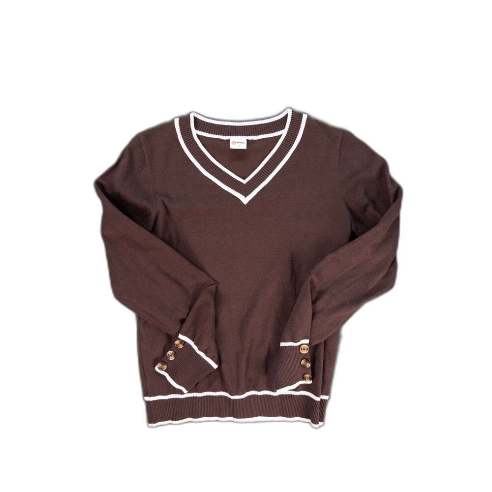 WIHOLL Womens Large Brown Preppy V Neck Sweater Knit Academia Soft Girl